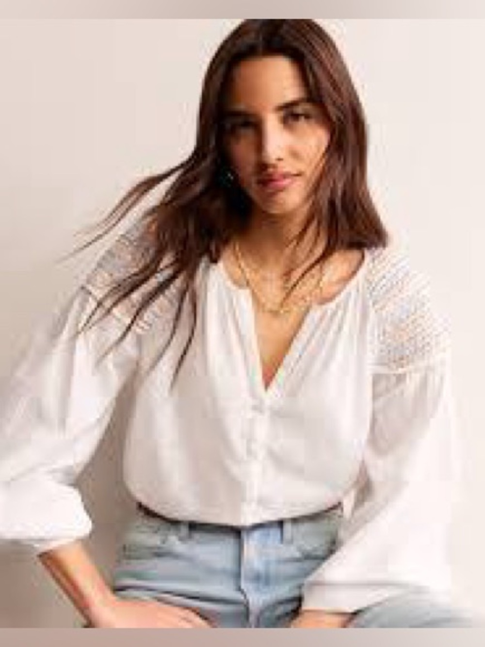 Boden White Cotton Smocked Blouse w/ Colorful Crochet Shoulders V Neck US 16-18